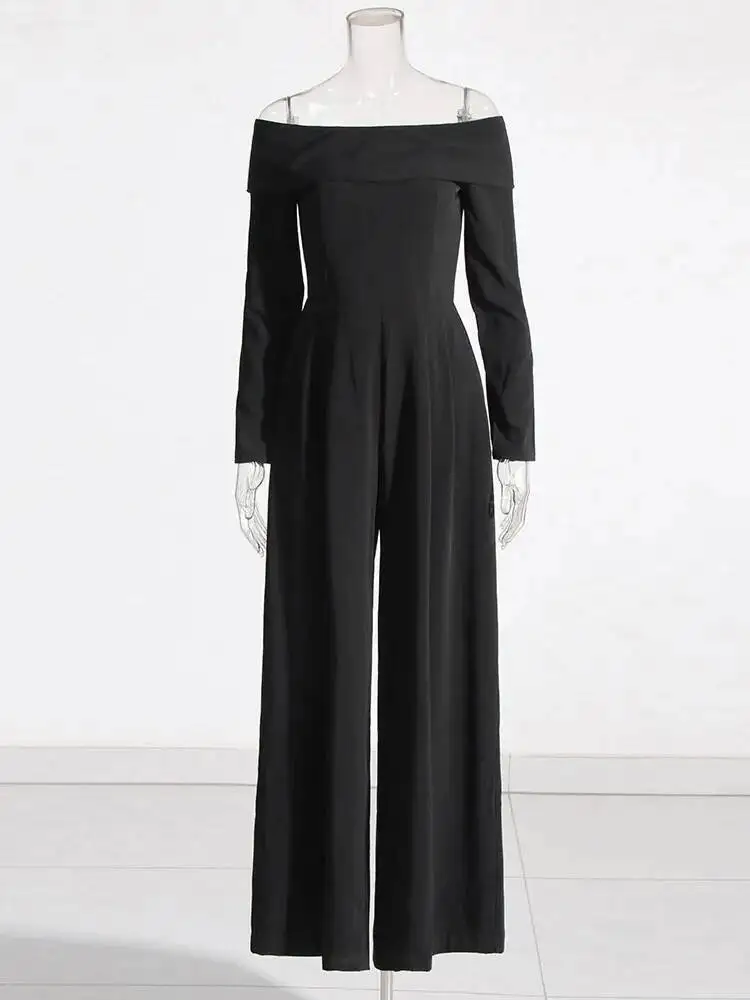 HUISONG-monos con cordones de retazos para mujer, cuello oblicuo, manga larga, cintura alta, pantalón de pierna ancha, mono liso, moda femenina