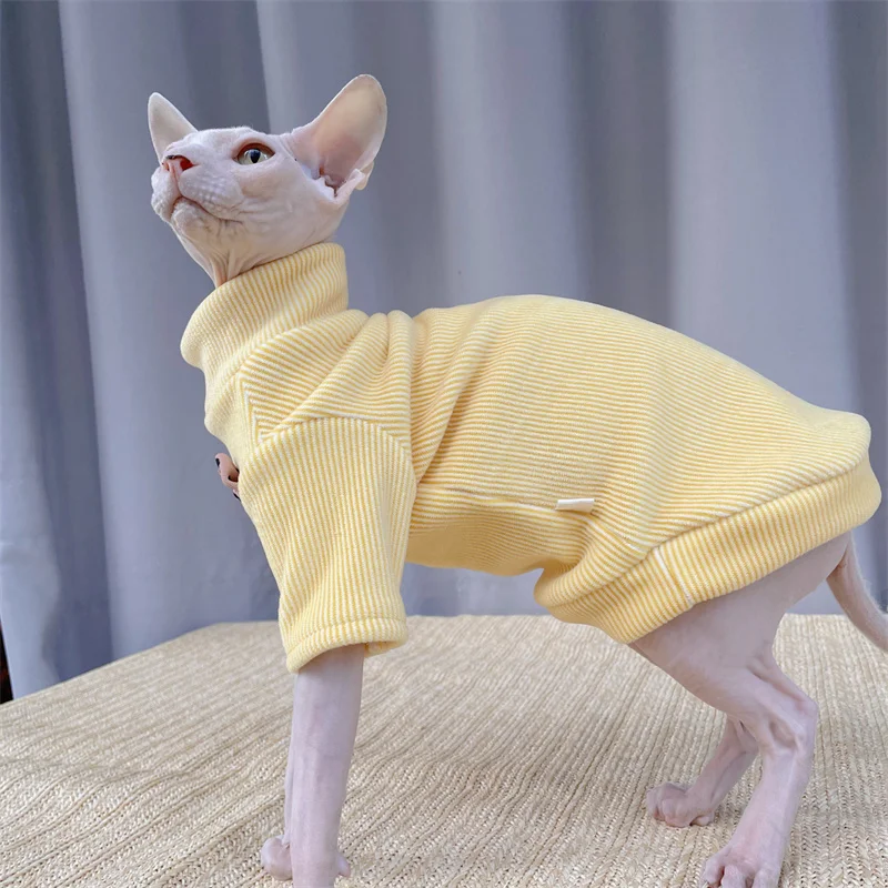 Hairless Cat British-inspired Vintage Bow Tie Grey High Neck Striped Fleece Winter Jacket Sphynx Cat Yellow Warm Coat in Autumn