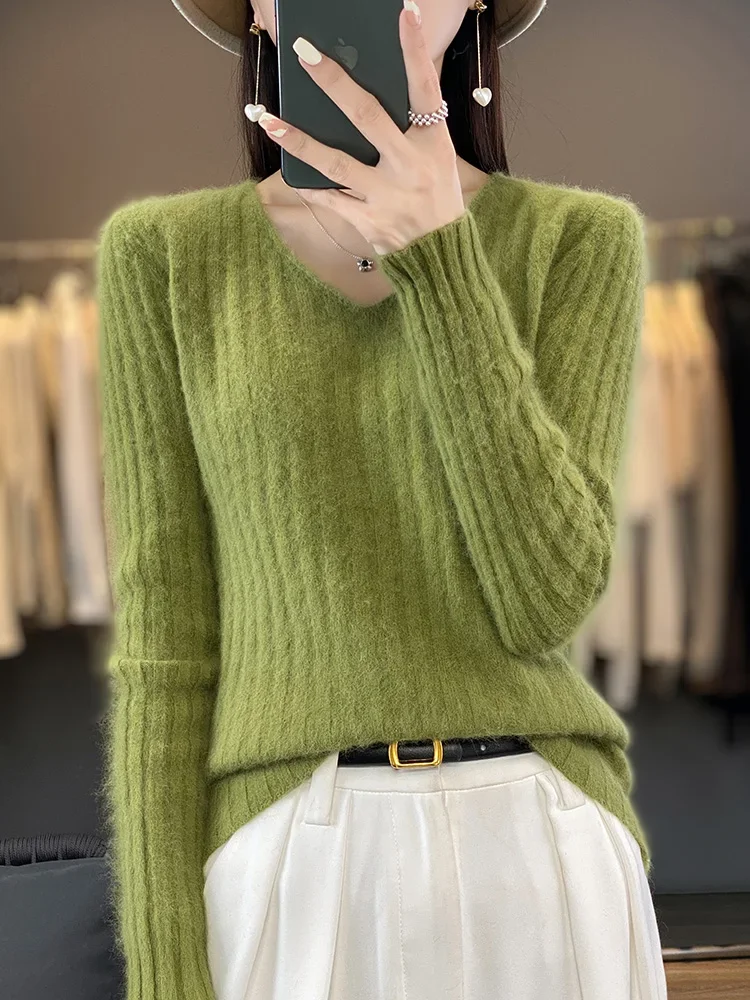 Mink Cashmere V Neck Pullover for Women Striped Versatile Autumn Winter Knit Top