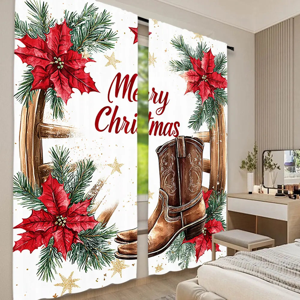 

2Pcs Christmas Curtains Western Christmas Party Cowboy Party Boots Farm Barn Wild West Suitable For Bedroom Living Room Dining