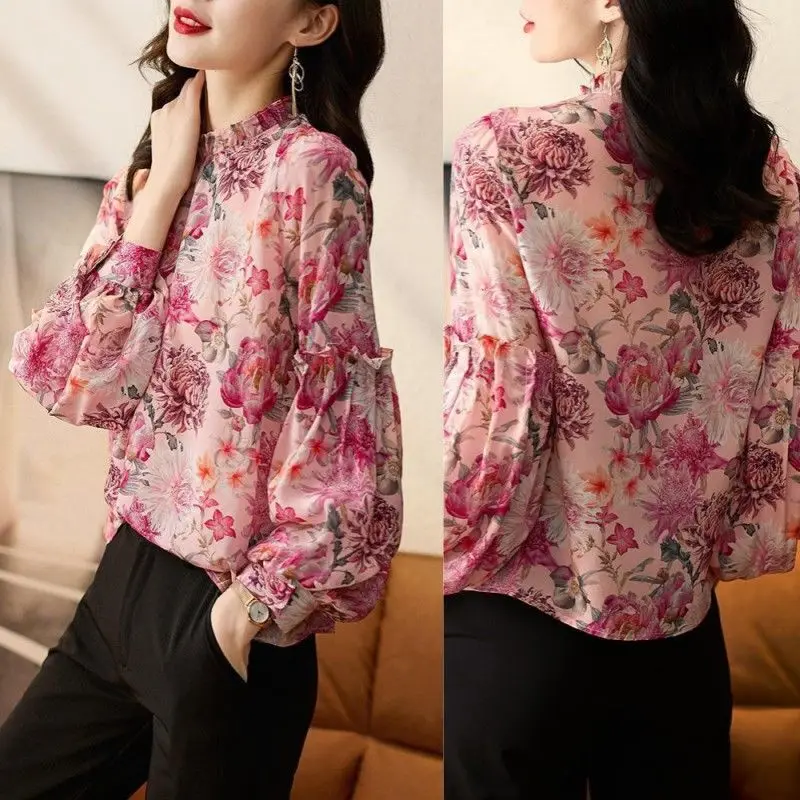 Autumn Fashion New Trendy and Explosive Chiffon Shirt with Ruffled Edges Bubble Long Sleeved Floral Chiffon Shirt Top