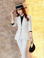 Women's White Striped Pants Suit Sets Black Blazer and Trousers Female Business Outfit Spring Autumn New 2024 2 Pieces Sets