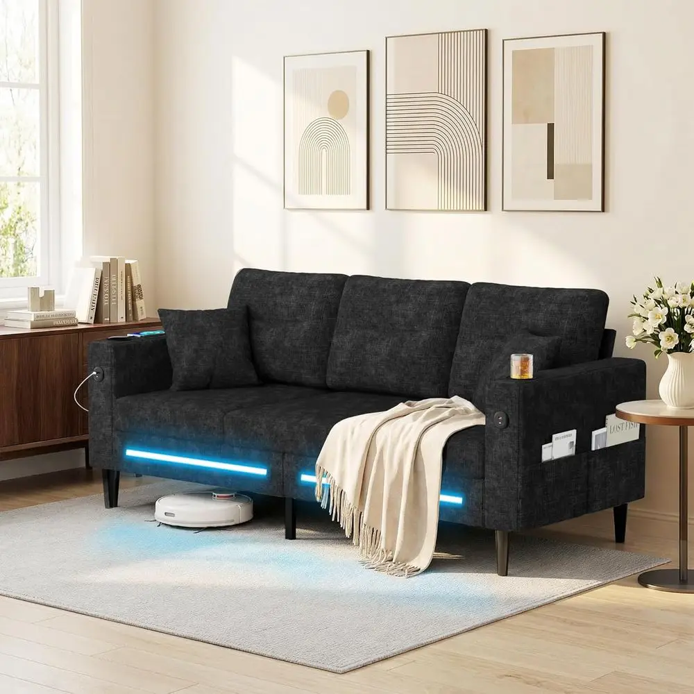 

Compact 3-Seater Loveseat Sofa with Deep Seat, LED Light, USB Port, Chenille Fabric for Small Spaces, Dorms, Office, Black