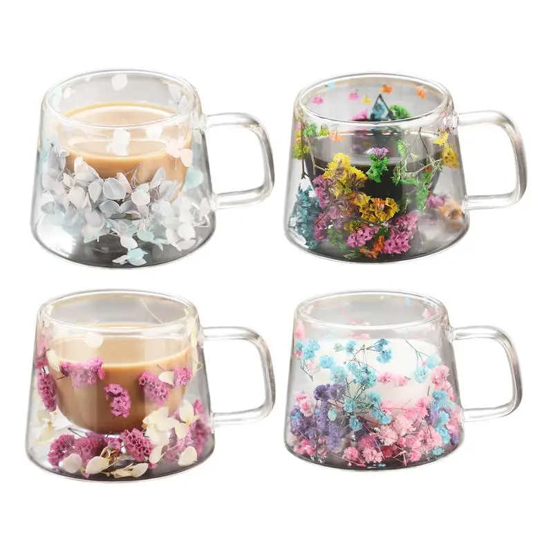 NEW 1PCS Creative Real Flower Double Glass High Appearance Level Full Star Dried Flower Milk Coffee Glass Household Cup Supplies