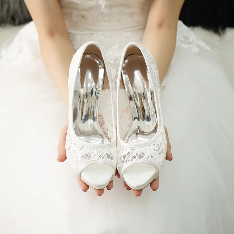 White Lace Wedding Party Shoes Bride Dress Pumps Peep Toe Stiletto High Heels Mesh Slip-on Low Waterproof Platform Large Size
