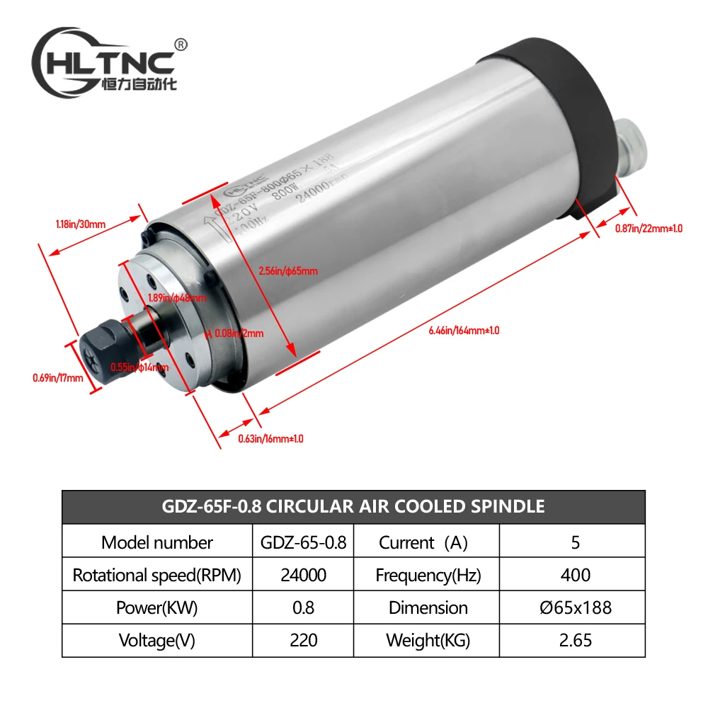 0.8kw Spindle 65MM ER11 400HZ 24000RPM 110/220V Air Cooling 800w Spindle Motor For CNC Woodworking Aluminum