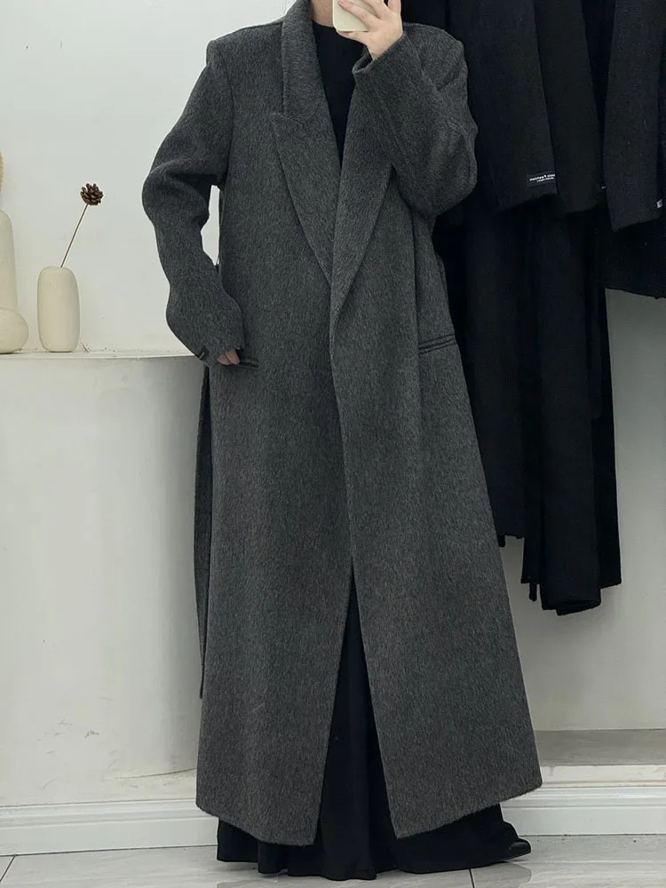 DEAT Fashion Women's Double-side Woolen Coat Lapel Loose Long Sleeve Sashes Solid Color Blends Overcoat Winter 2024 New 7AB5357