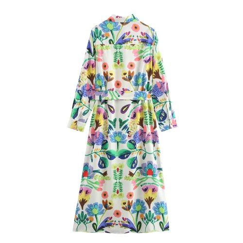 Imagen 2 del producto Vestido Midi estilo camisa de popelina con estampado de flores y manga larga con cuello adelgazante para mujer nuevo de otoño