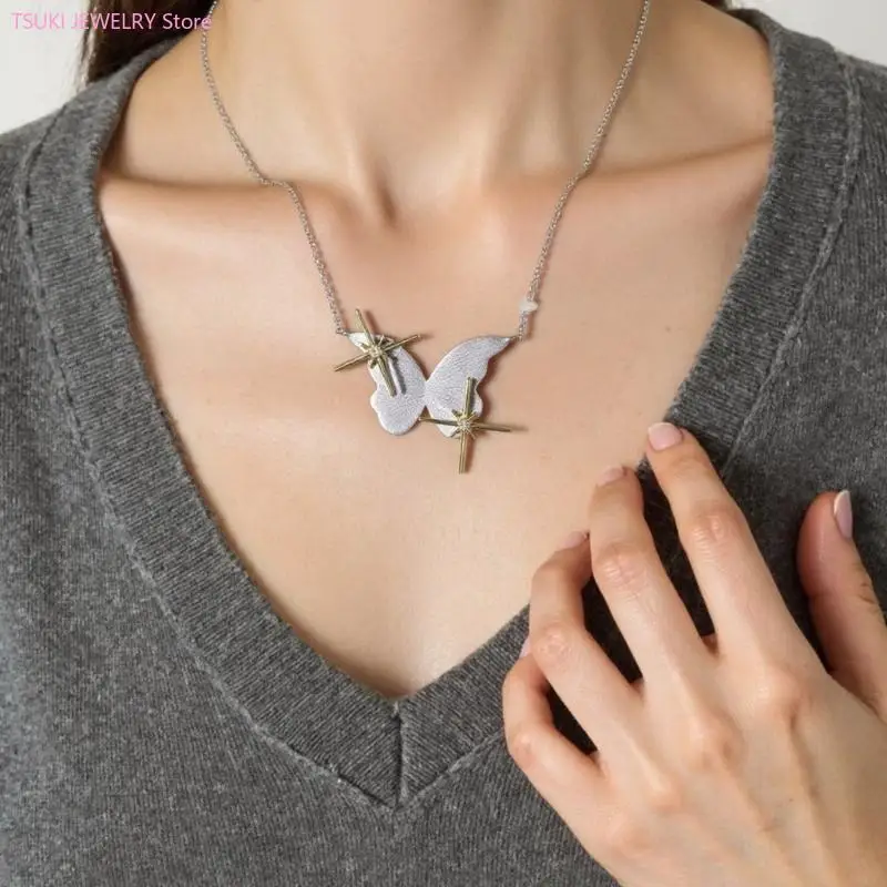 62KE Minimalist Butterfly Pendant Necklace Featuring Star Cahrm And Alloy Chain Adjustable Neckchain Jewelry For Everyday