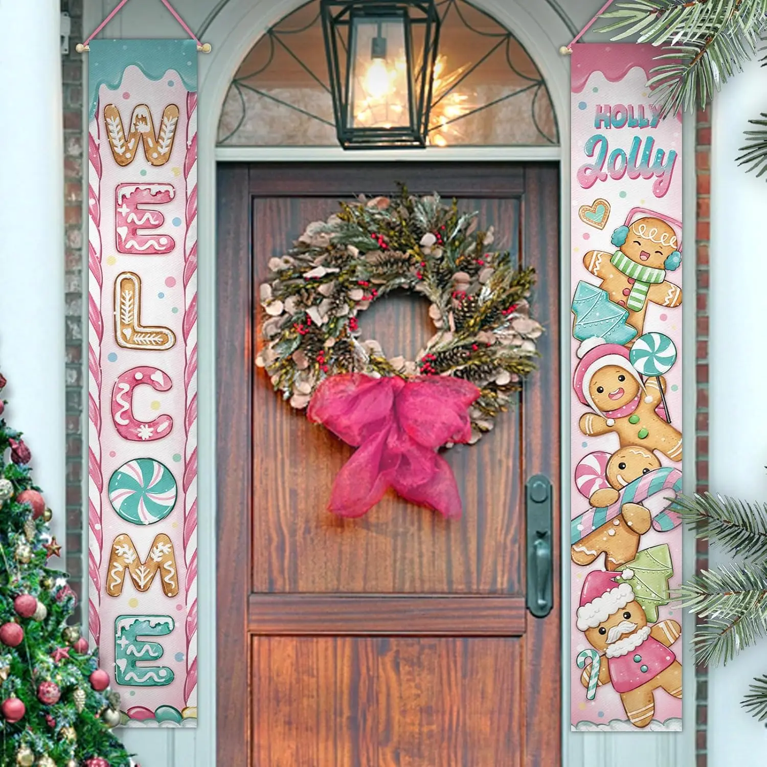 Bienvenido Navidad pan de jengibre hombre porche cartel, rosa Navidad Holly Jolly puerta delantera decorativa colgante bandera, divertido