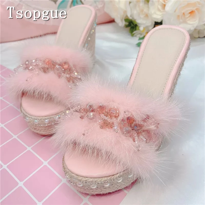 Sweet Pink Fluffy Fur Wedge Slide Sandals Women Shiny Crystal Bead Decor Platform Mules Fairy Lolita Bridal Prom Shoes