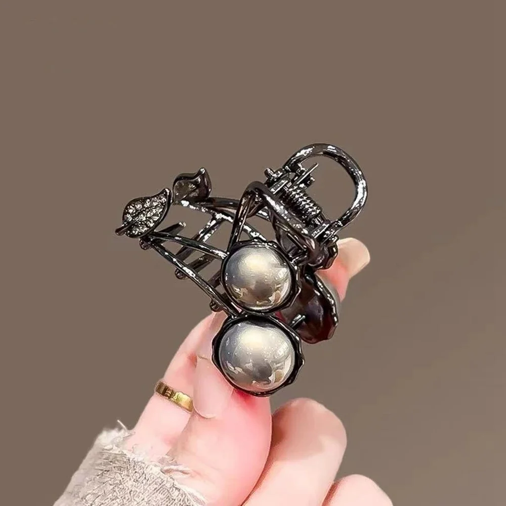 Vintage Black Cherry Pearl Hair Claw Mini Rhinestone Shark Clip For Women Girls Daily Party Wedding Y2K Fashion Accessory Gift - view 2