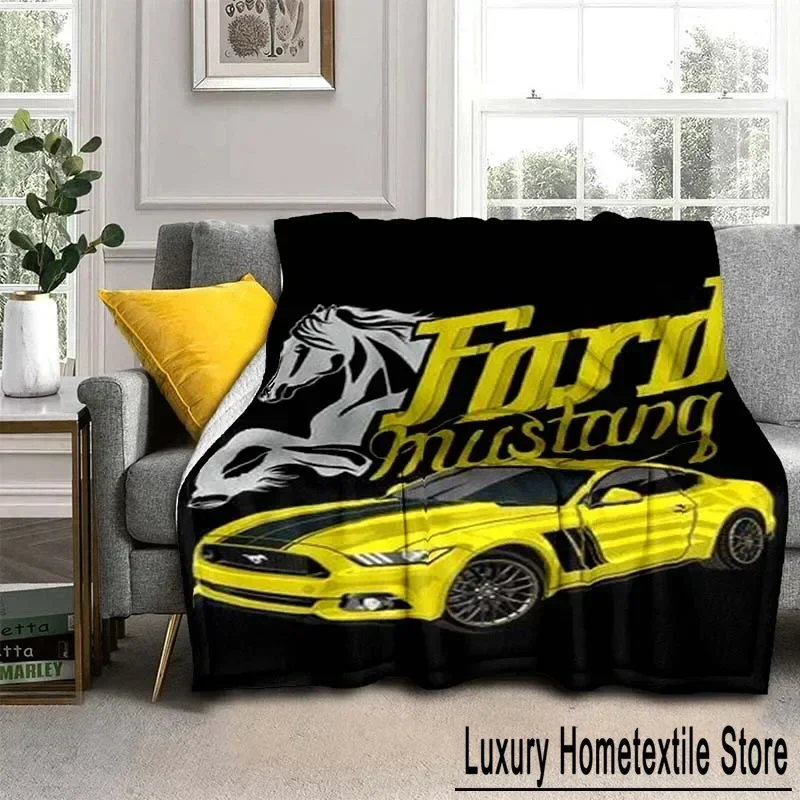 Mustang car logo printed flannel blanket can be customized for living room, bedroom, sofa, bed blanket, children's gift airdrop