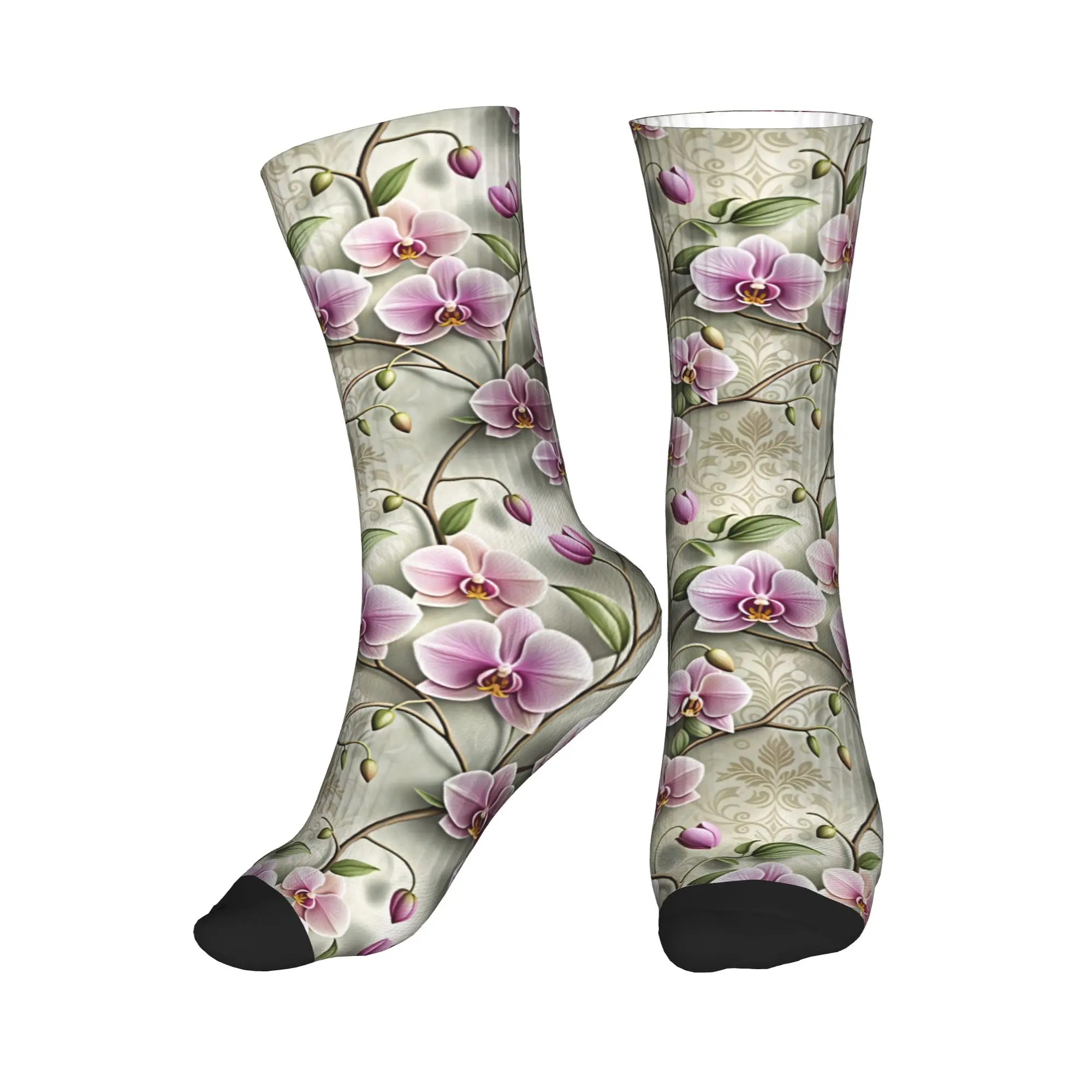 Orchidée lavande vintage neutre en relief 3D       Chaussettes habillées pour hommes et femmes, chaudes, tendance, fantaisie, chaussettes mi-hautes