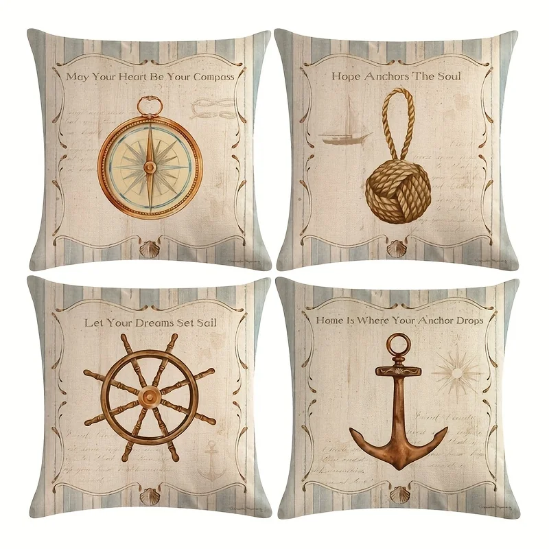 4pcs Vintage Navigation Sea Theme Throw Pillow Covers for Sofa, Living Room, Home & Room Decor (No Insert)