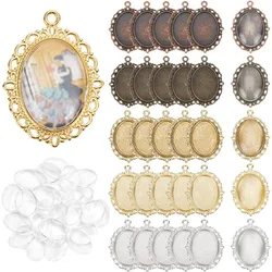 60pcs Pendant Tray Kit 30pcs 5 Color Oval Pendant Blank Bezel 30pcs 25 x 18mm Glass Cabochon Dome Tiles Clear Cameo Memoria