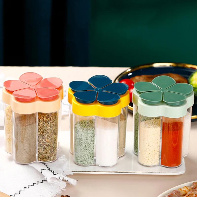 5 In 1 Camping Seasoning Jar With Lids Transparent Spice Dispenser 5 Compartment For Outdoor Cooking BBQ Salt And Pepper Shaker