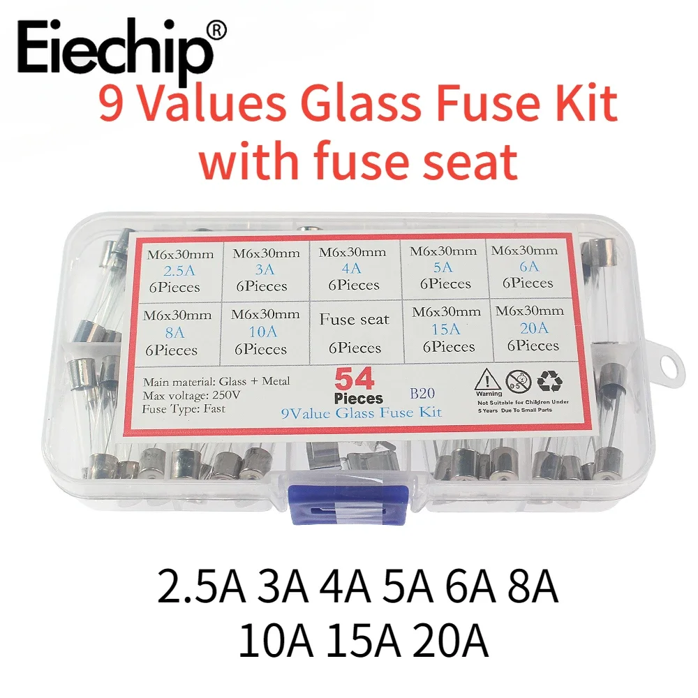 54pcs 6x30mm Fast Glass Fuse Diy Kit 250V 6*30mm Insurance Tube Quick Blow Glass Fuses Kit 2.5A 3A 4A 5A 6A 8A 10A 15A 20A