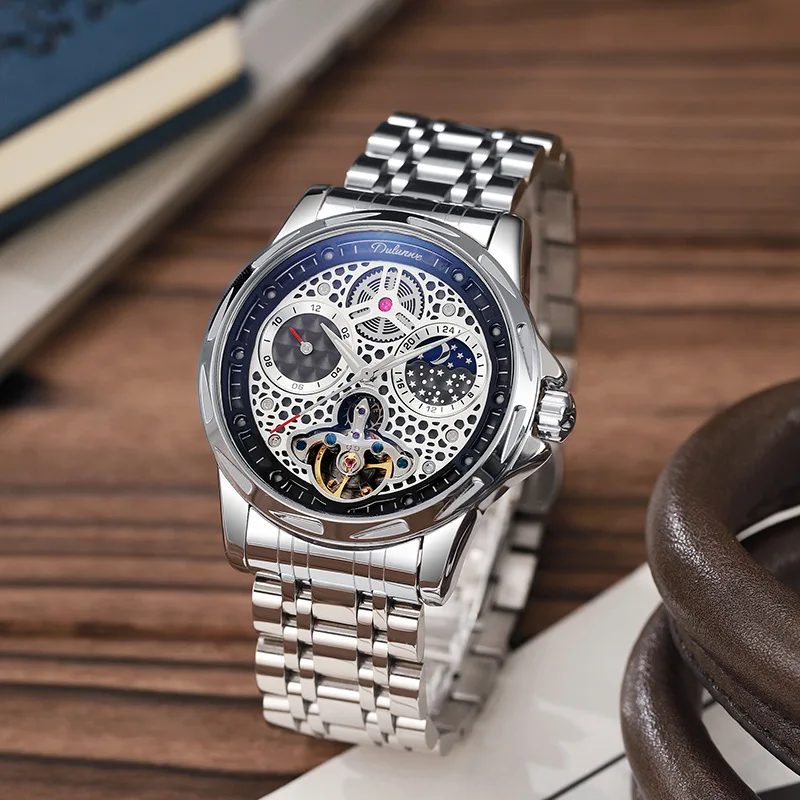 Stainless Steel Honeycomb Skeleton Design Luminous Waterproof Self-Wind Automatic Mechanical Watch for Men