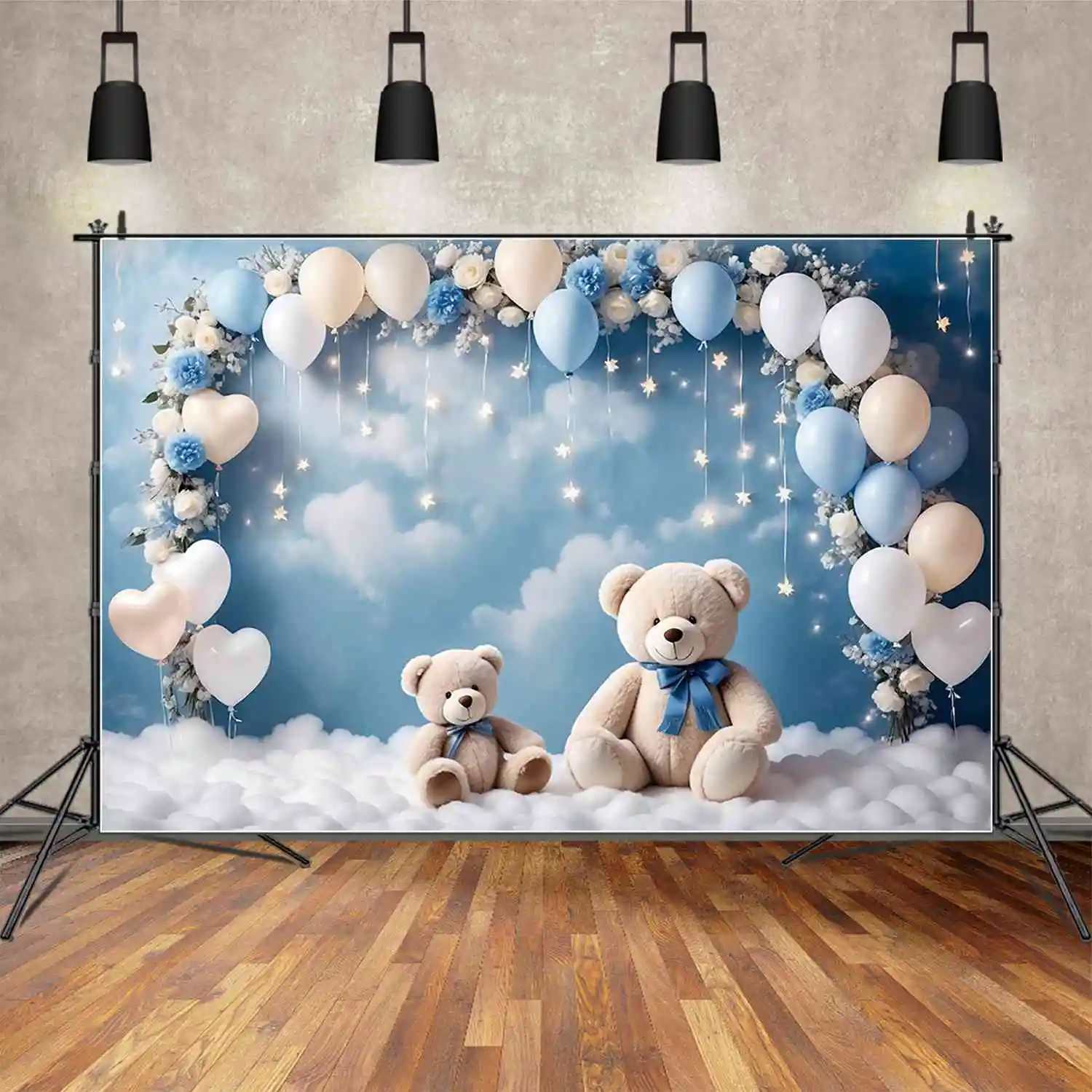 

MOON.QG Balloon Star Arch Birthday 1 Year Backgrounds Baby Shower Lights Teddy Bear Flower Backdrop Custom Party Photocall Props