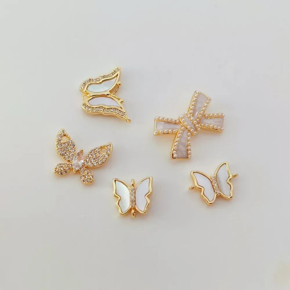 

14K Copper Plated Gold Zircon Pasted White Butterfly Shells Horizontal Holes Slanting Double-hole Butterfly Pendant DIY Accessor