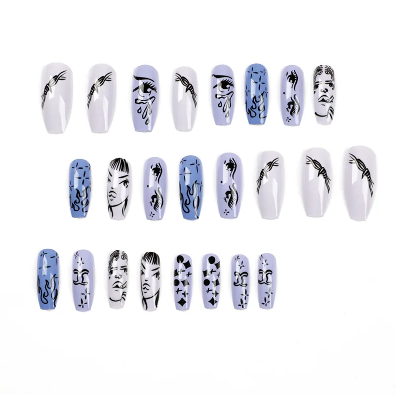 24pcs Purple Cartoon Hand-painted Face Eyes Stars Line Style Girls Pattern Nail Art Long Y2k Distinctive Nail Accessories