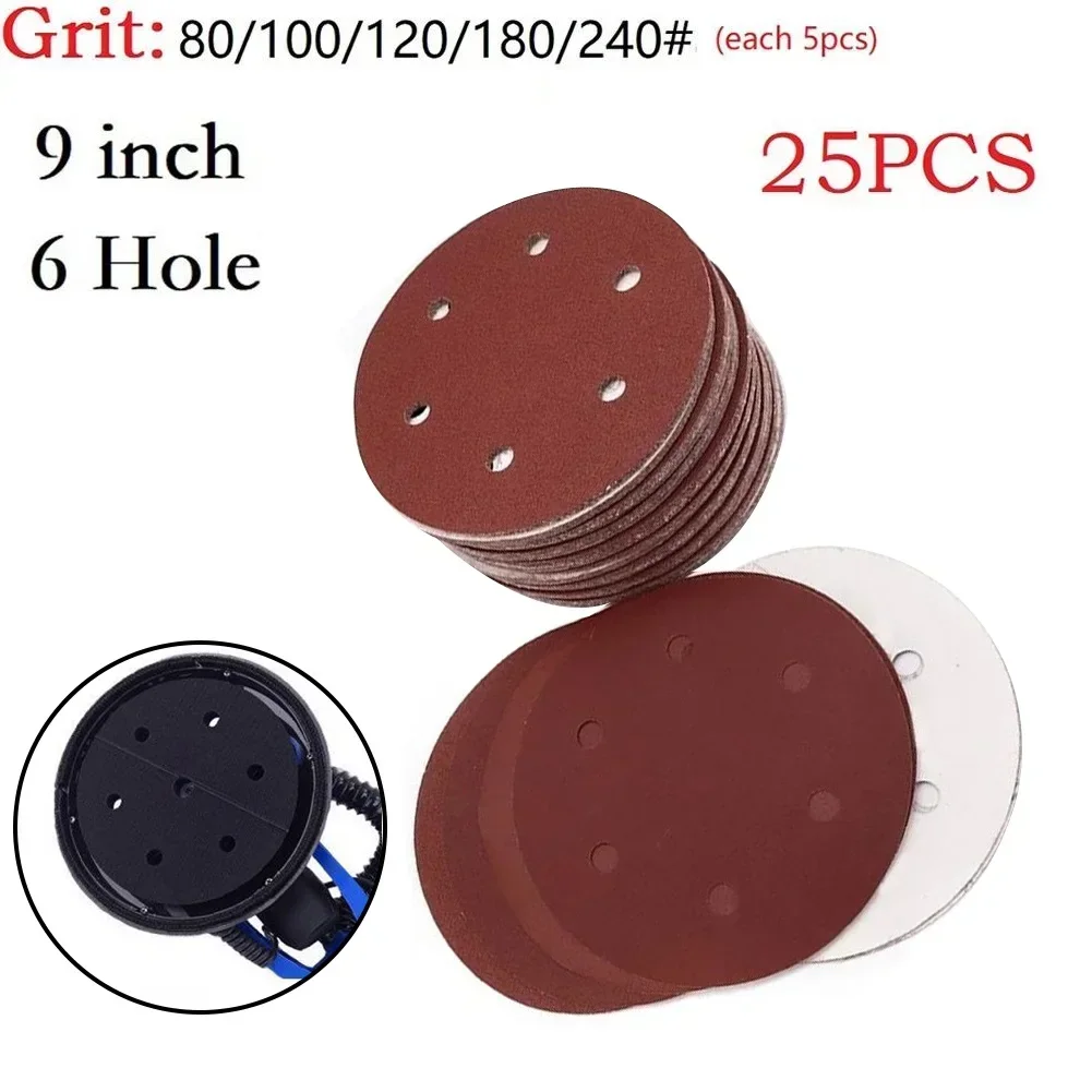 25PCS/Set 9 Inch 225mm Sanding Discs 6 Hole Hook Loop Sandpaper Sanding Paper 80-240grit Sanding Disc  Abrasive Polishing Tools