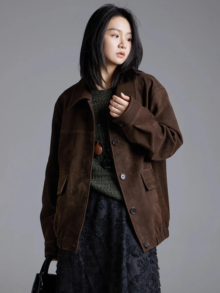 سترة كلاسيكية من الجلد الطبيعي للنساء لخريف وشتاء الراقية بسيطة واحدة الصدر من جلد الماعز الحقيقي