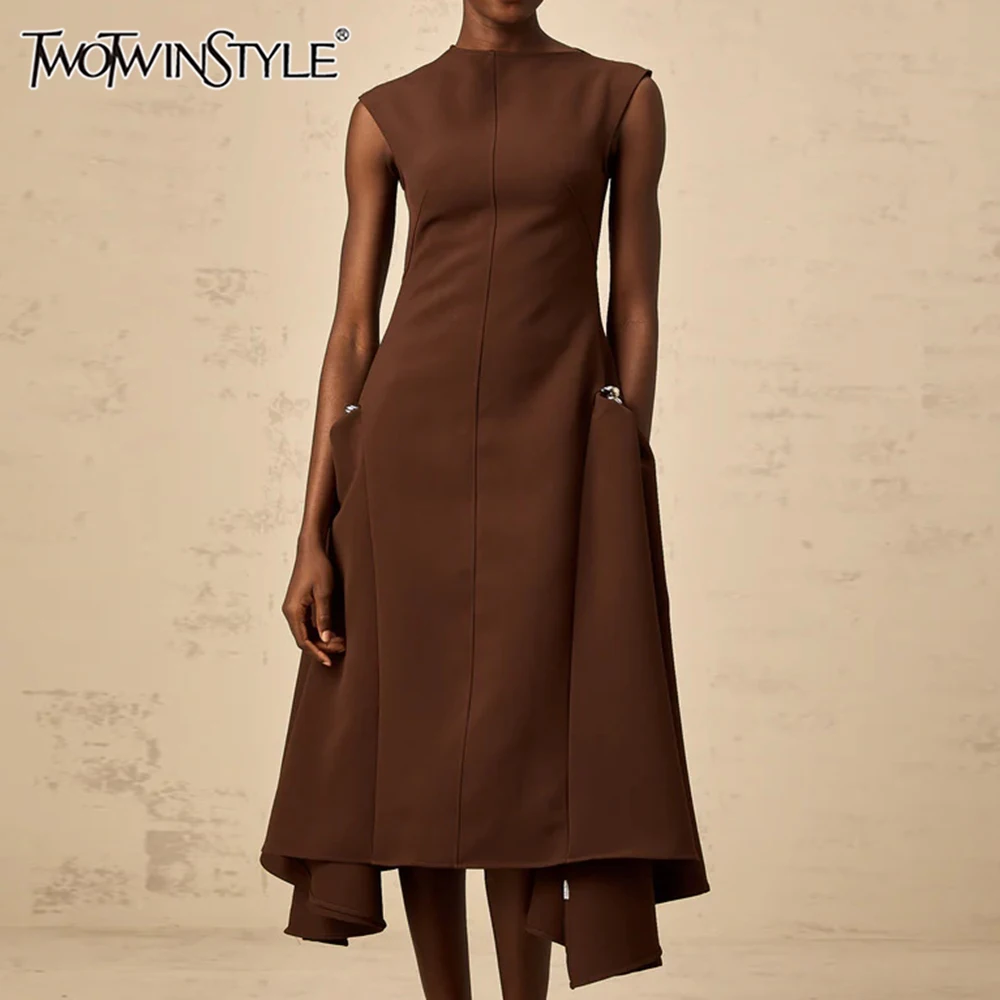 

TWOTWINSTYLE однотонные утягивающие темпераментные платья для женщин с круглым вырезом без рукавов в стиле пэчворк со складками платье миди женская одежда новая