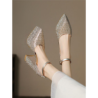 Champagne Gold Crystal High Heels Wedding Shoes New Style Bridal Shoes Full Diamond Pointed Toe Waterproof Platform Thick Hee...