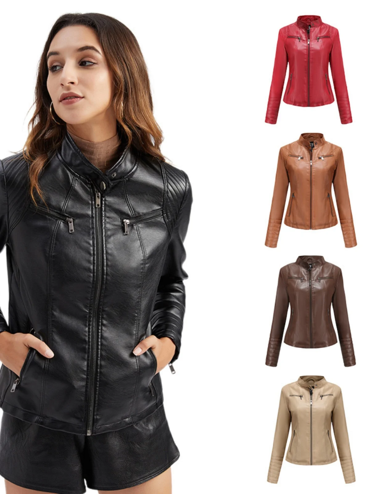 Modna damska kurtka motocyklowa ze skóry, cienka kurtka ze skóry PU, wiosenno-jesienna odzież wierzchnia damska.
