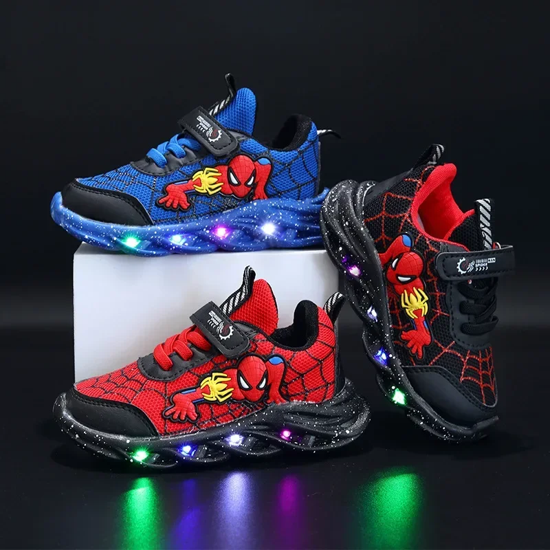 Disney LED Casual Shoes Children's Mesh Breathable Sport Shoes Boys Cartoon Spiderman Outdoor Shoes Lighted Non-slip Sneakers