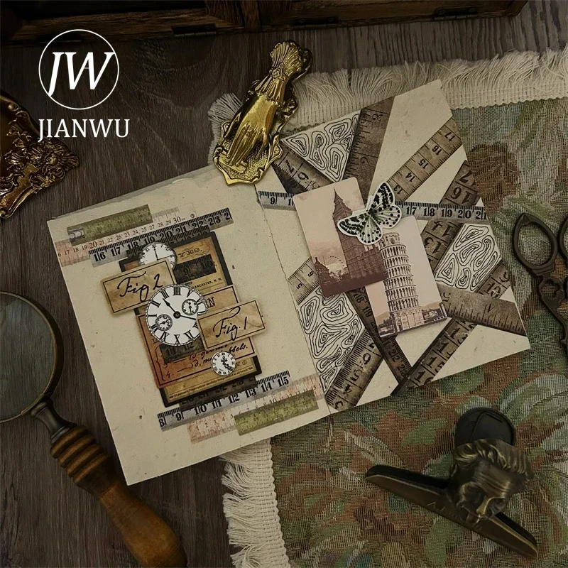JIANWU Vintage Mottled เก่าไม้บรรทัด Fragment ภูมิทัศน์ Collage Decor สมุดภาพวัสดุกระดาษสร้างสรรค์ DIY ขยะวารสารเครื่องเขียน