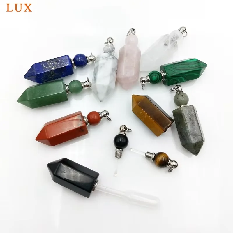 

Natural Gemstone Hexagon Prism Necklace, Pointed Bottle Pendant, Chakra Crystal Labradorite Perfume Bottle Vials Jewelry