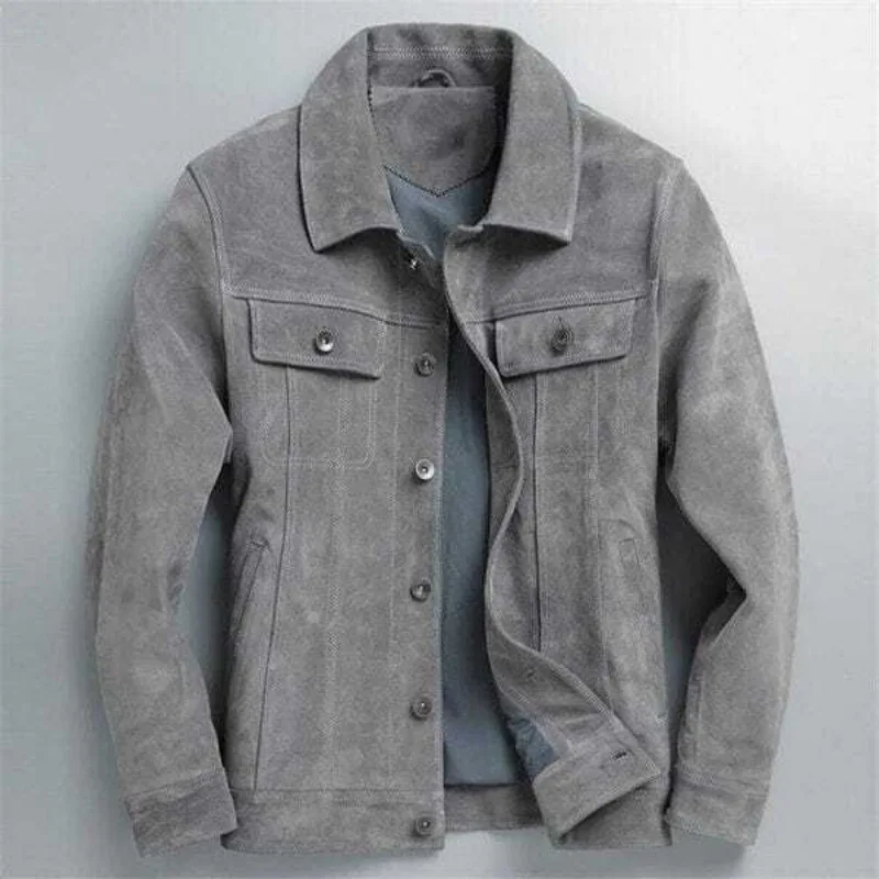 Men's Gray Leather Jacket Shirt Soft Suede Leather Trucker Shirt Jacket