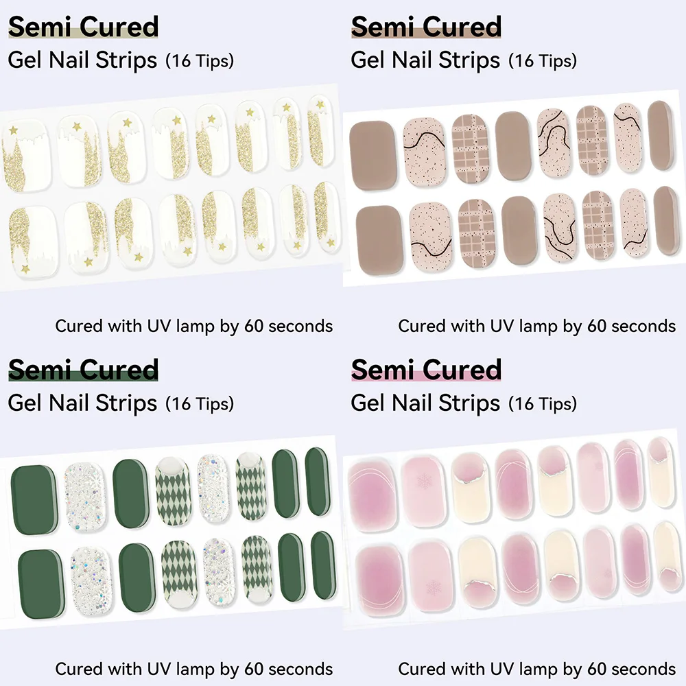16Tips Colorful Semi-Cured Gel Nail Stickers Long-Lasting Full Coverage Nail Wraps Shinning DIY Gel Polish Stickers For Manicure