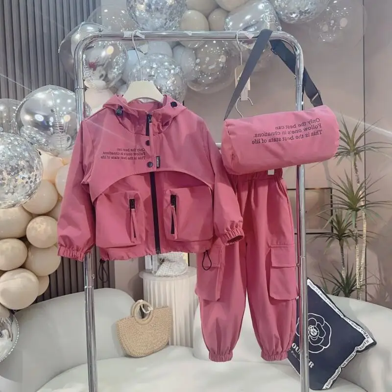 

Kawaii топы и брюки для девочек, модный студенческий весенне-осенний повседневный пальто на молнии с капюшоном, комбинезон, комплект из 2 предметов, детская одежда