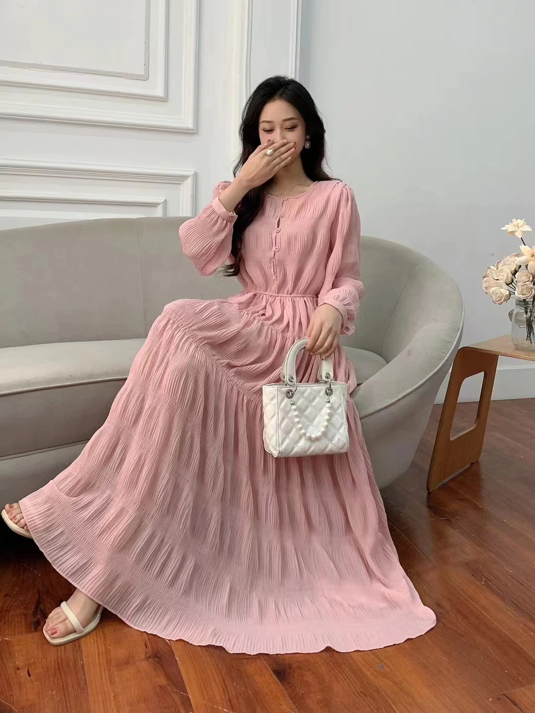 2023 New Spring Autumn Women Long Sleeve Loose Fit Long Dress Elegant Big Hem Pleated  Solid Color Chiffon Dress y2k clothes