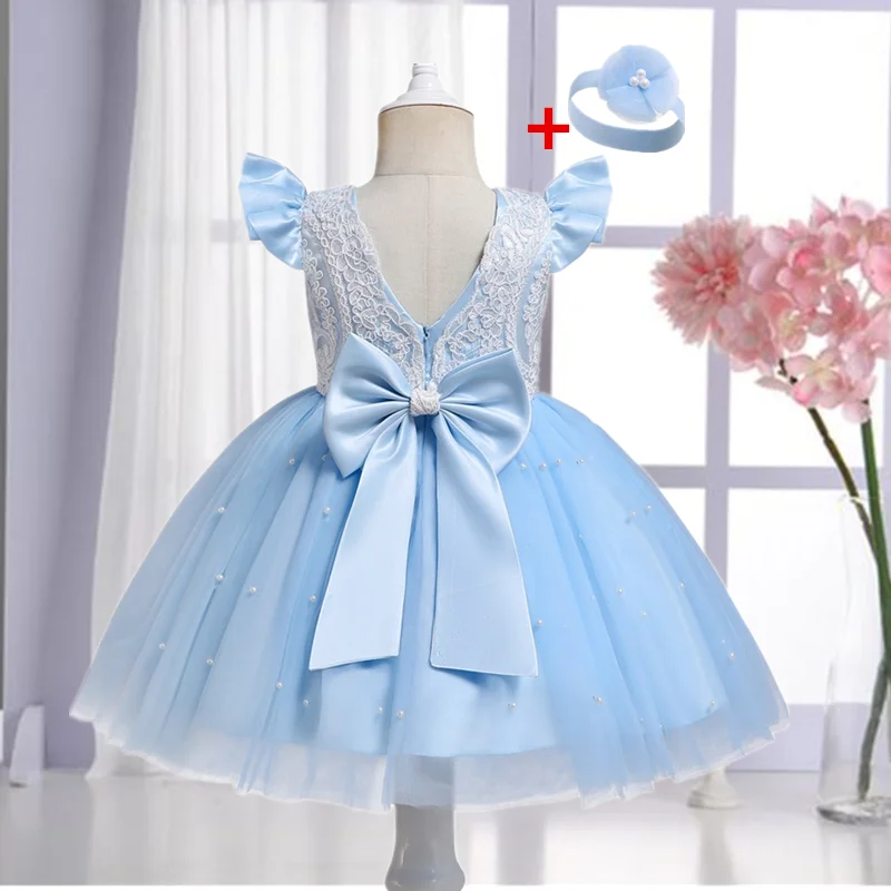 Newborn Baby Girl Princess Dress Flower Lace Birthday Party Outfit Wedding Evening Dress Xmas Costume Infant Bow Baptism Gown