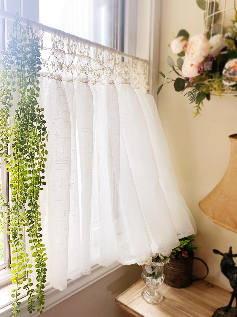 

Korean Style Pure Cotton Embroidered Fabric Half Floating Coffee Curtains for Living Room Door Kitchen Half Short Curtain