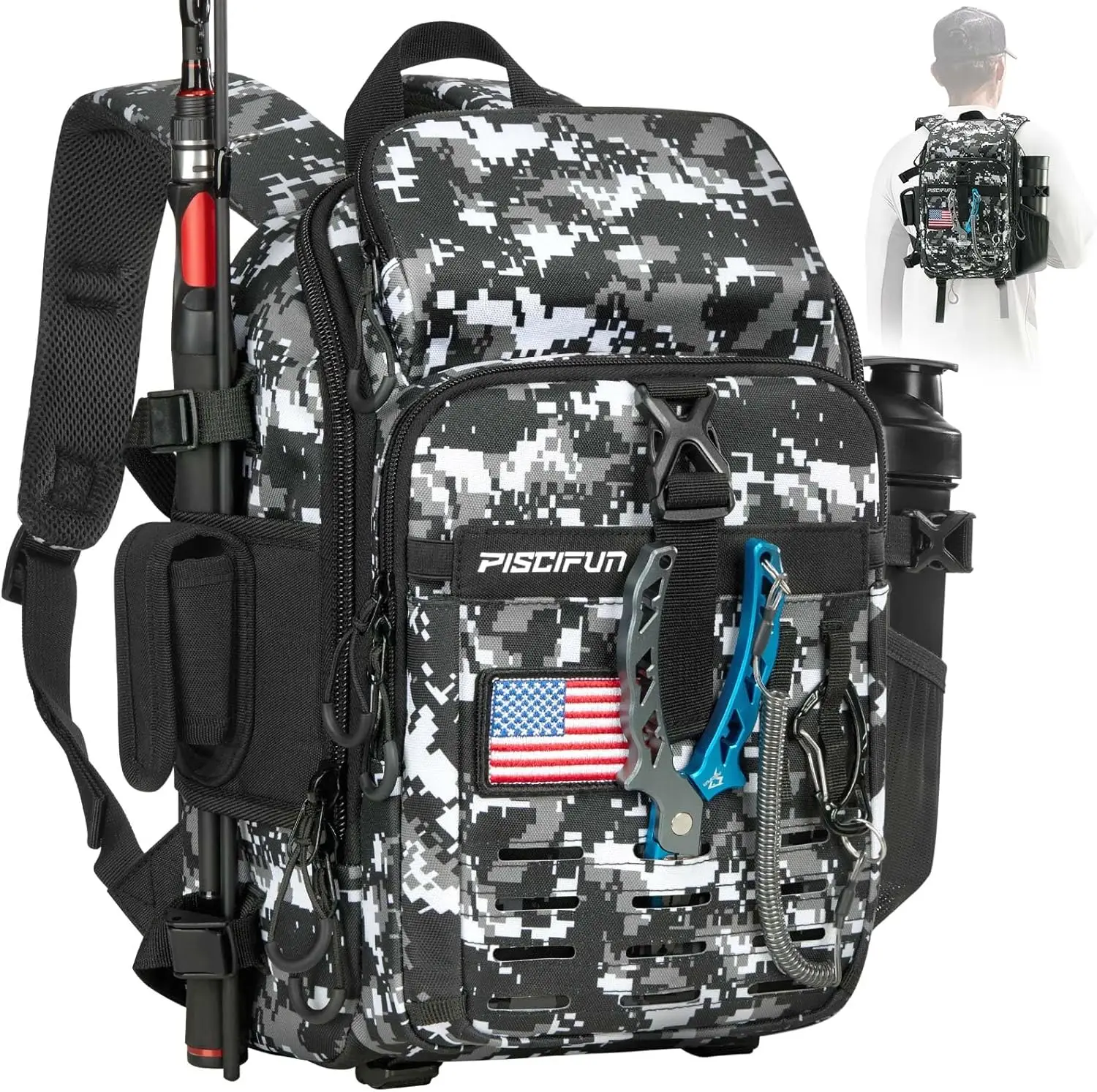 

Fishing Tackle Backpack with Rod & Gear Holder, Lightweight Fishing Tackle Storage Bag with Protective Rain Cover
