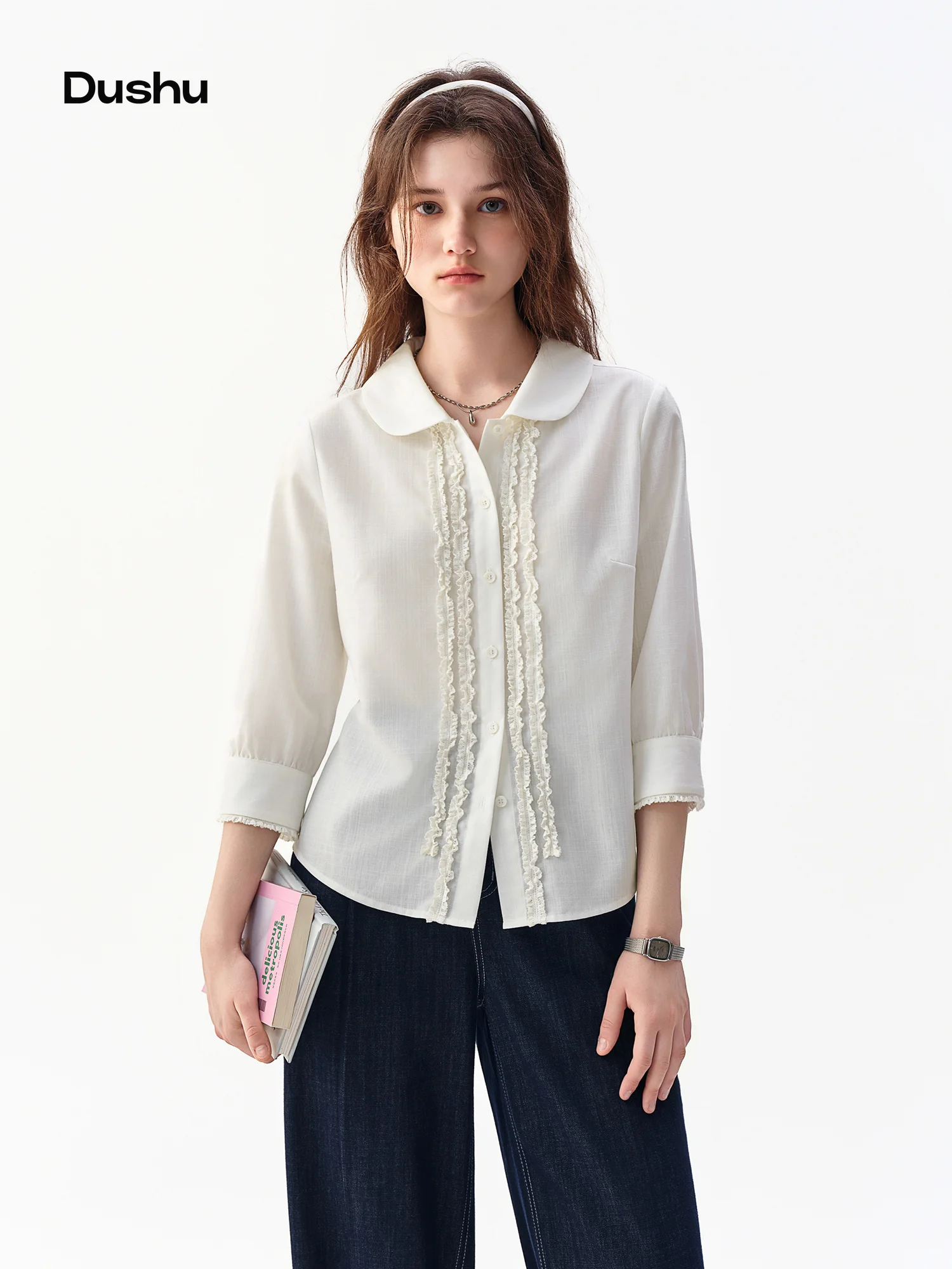 Polo Shirt Slim - DUSHU 2026 คอลเลคชั่นใหม่ฤดูใบไม้ร่วง เสื้อผู้หญิงคอปีเตอร์แพนลูกไม้ แต่งระบาย แขนยาว