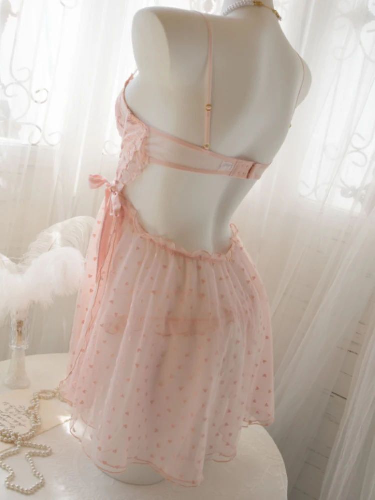 Pink Mesh Floral Embroidery Nightdress Women's Home Clothes Sexy Lingerie Nightgowns with Panty Pajamas Sets Nighty for Ladies