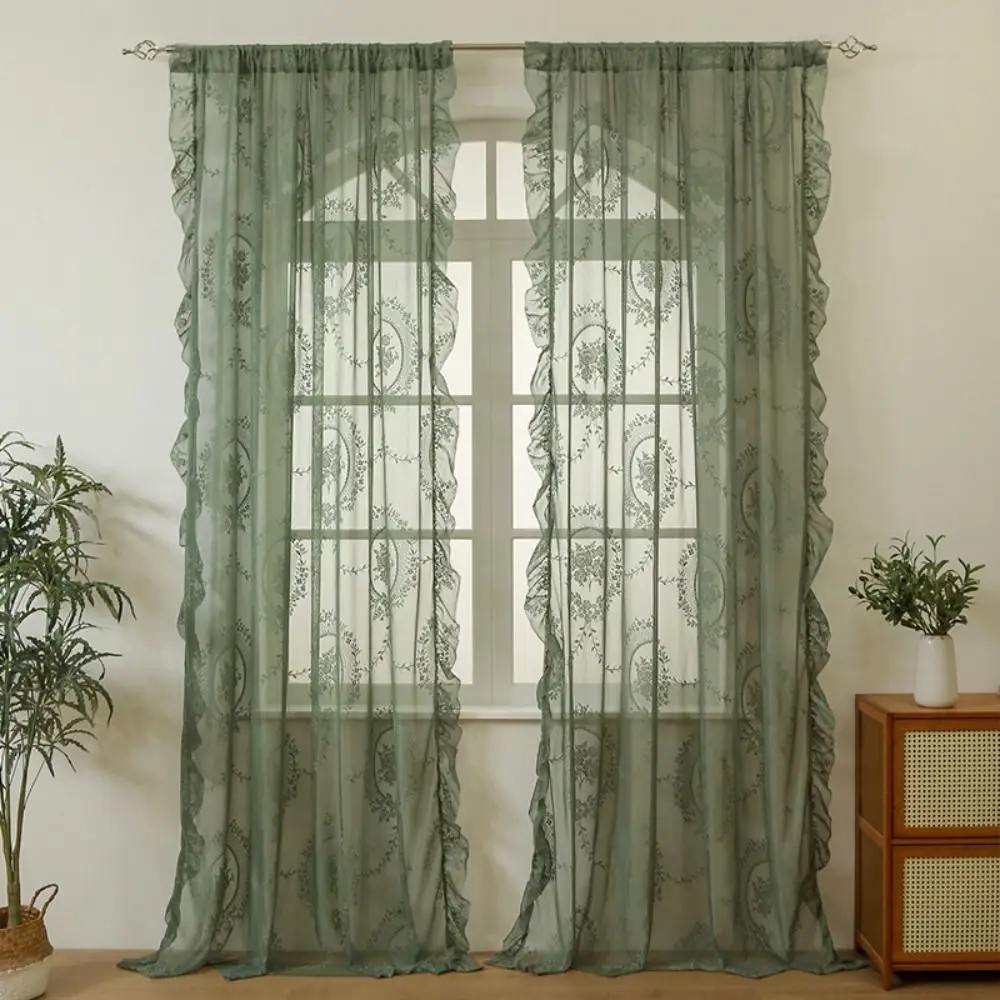 French-Style Lace Curtains Ruffled Edges Solid Color Voile Curtains Half-Shaded Gauze Curtains