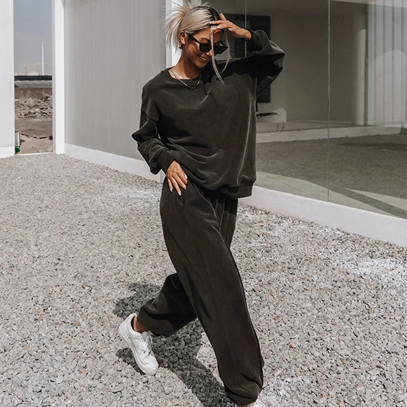 Women Tracksuit Fashion 2 Piece Set Casual Sweatshirt And Loose Sweatpants Set Autumn Solid Female Outfits Joggers Sport Suit