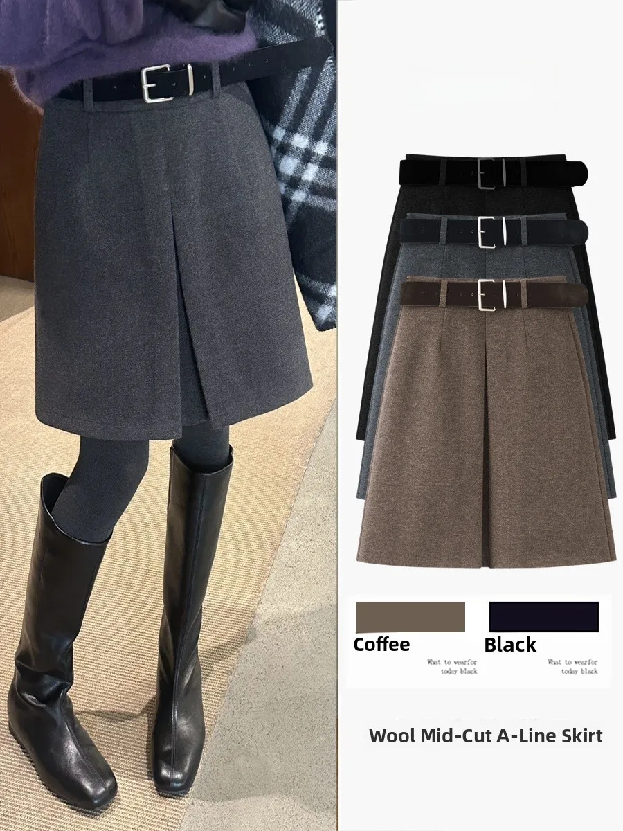 

High Waist A-Line Skirt Women's Woolen Autumn Winter New Sle Slimming Commute Friendly Versatile ort Skirt