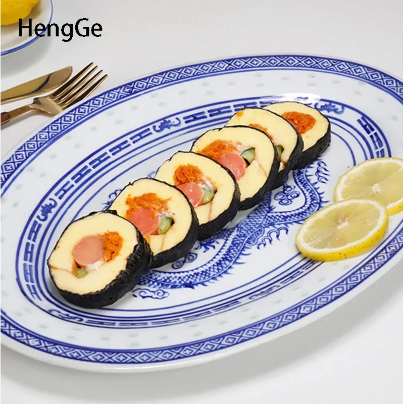 Retro Chinese Ceramic Plate Rectangular Steamed Fish Plate Blue and White Porcelain Salad Steak Flat Plates Household Tableware