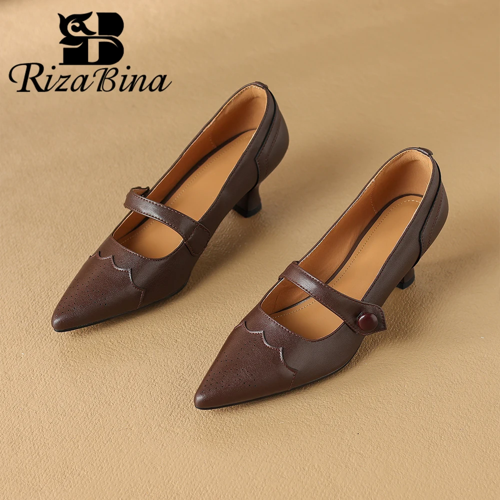 

RIZABINA Basic Women Pumps Solid Color Pointed Toe Thin Heel Shoes Vintage Belt Strap Slip On Daily Casual Footwear 2024 Trend