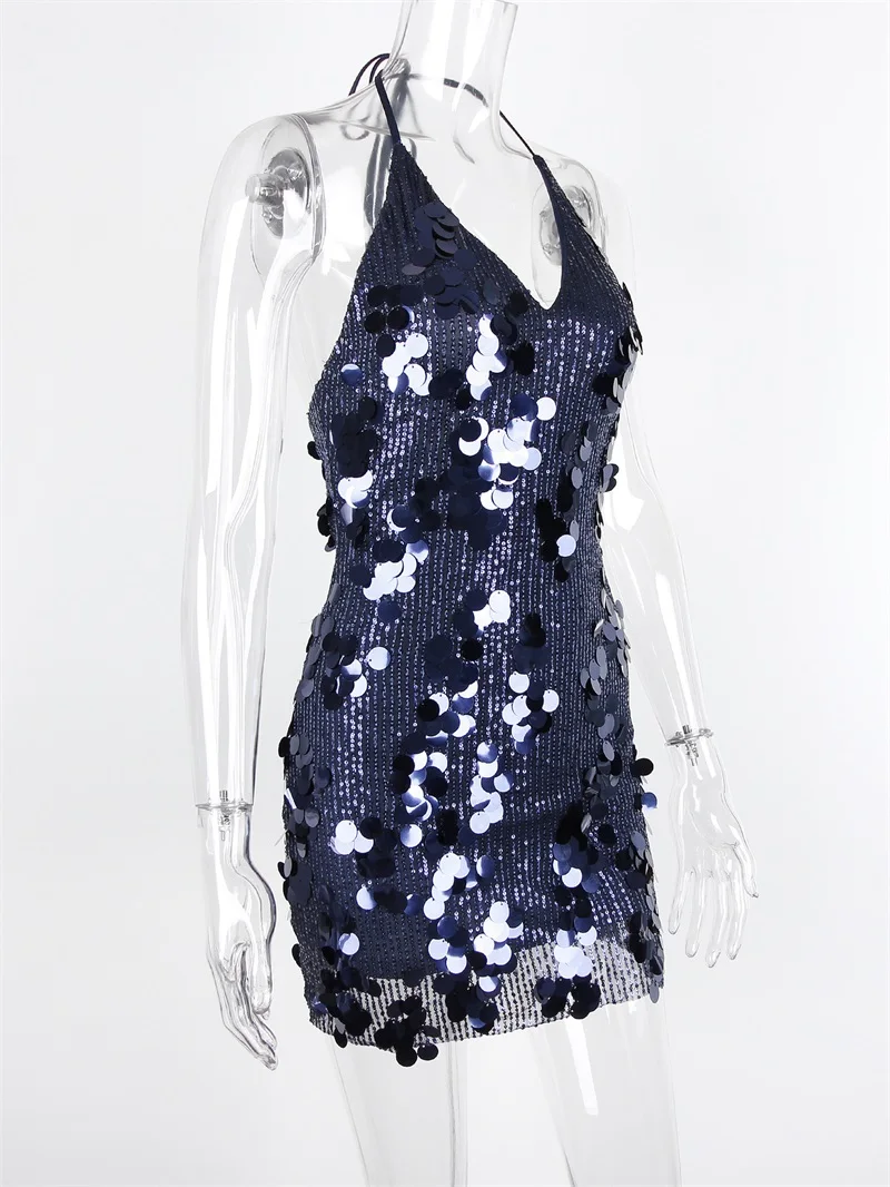 مثير الترتر الأزرق الداكن الرسن المرأة الخصر ضمادة فستان الدانتيل يصل عارية الذراعين قصيرة صغيرة 2025 ثوب موضة جديدة للحزب ، ملهى ليلي