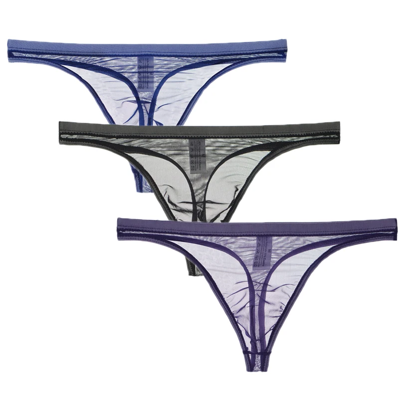 Ropa interior Sexy para hombre, Bikini de gasa de malla transparente, Tanga sólida, bragas ultrafinas con parte trasera en T, 3 uds./lote